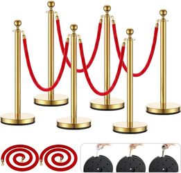 6 Pack Gold Stanchions and Velvet Ropes Red Ropes and Stainless Steel Posts with Water/Sand/Concrete Fillable Leakproof Base for Birthday, Prom, Busin