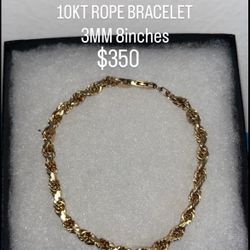 10kt Rope Bracelet 8 Inches 