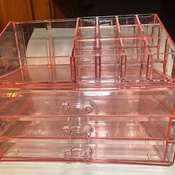 Pink Acrylic Makeup / Cosmetic Organizer – 3 Drawers + Top Compartments 🌸