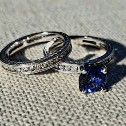 14k White Gold Lab Sapphire & Natural Diamond Bridal Wedding Ring Set | 2.70ctw.