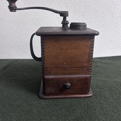 Vintage Coffee Grinder Cast Iron Hand Crank Dovetailed Wood Box With Drawer