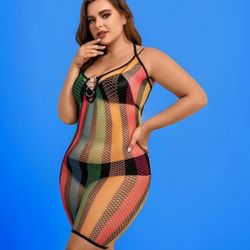 Plus Size Lingerie Dress, Women's Plus Rainbow Striped Ring Decor Halter Neck Slim Fit Fishnet Dress 90% Polyamide 10% Elastane  Mixed Color/One Size