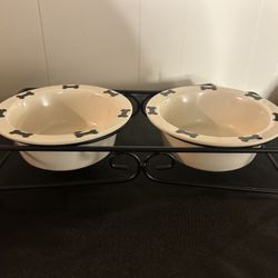 small dog feeding bowls - ceramic with black metal rack