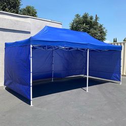 (New in box) $225 Heavy Duty 10x20 FT Canopy (with 4 Sidewalls) Ez Pop Up Outdoor Party Tent w/ Carry Bag (White/Blue)