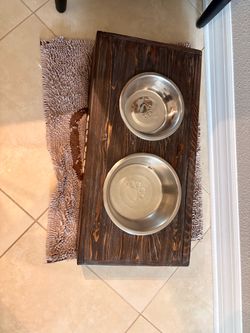 Rustic Dog Food Bowls Wooden Crate and Rug