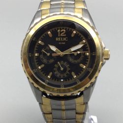 Relic Watch Men 40mm Silver Gold Two Tone Black Dial Day Date New Battery 