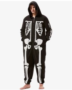 Adult Men's Skeleton Halloween Costume Unisex Skeleton Jumpsuit Plush Pajamas Onesie Cozy One Piece Cosplay for Men