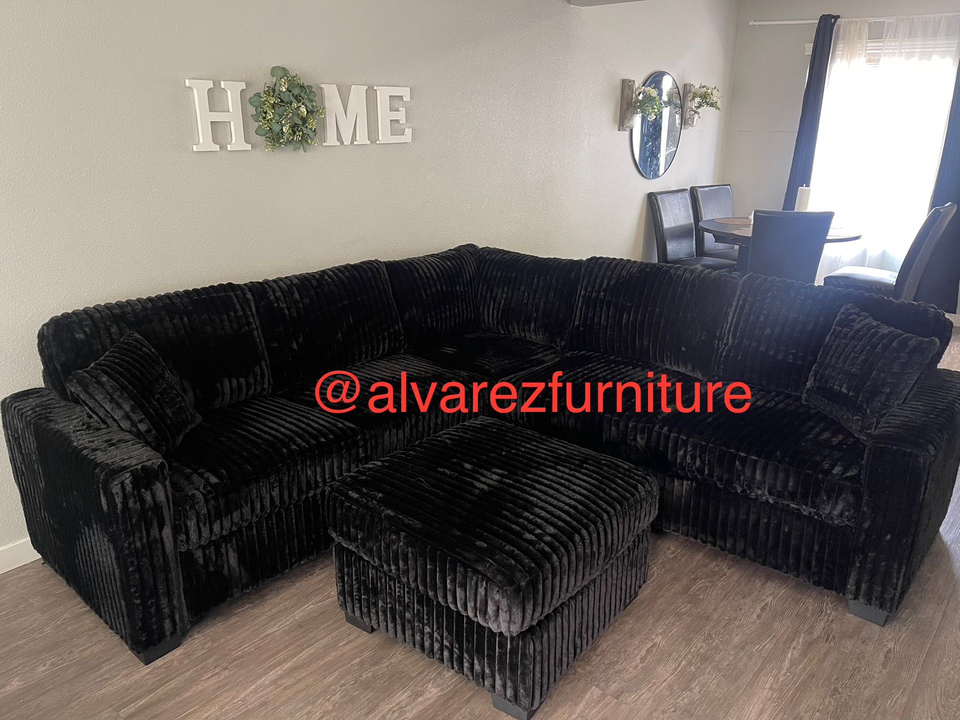 Black Corduroy Sectional Sofa With Ottoman