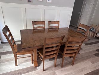 Solid Wood Farmhouse Dining Table w/ Leaf + 6 Chairs