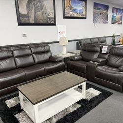 Brown Leather Sofa & Loveseat 5x Recliners