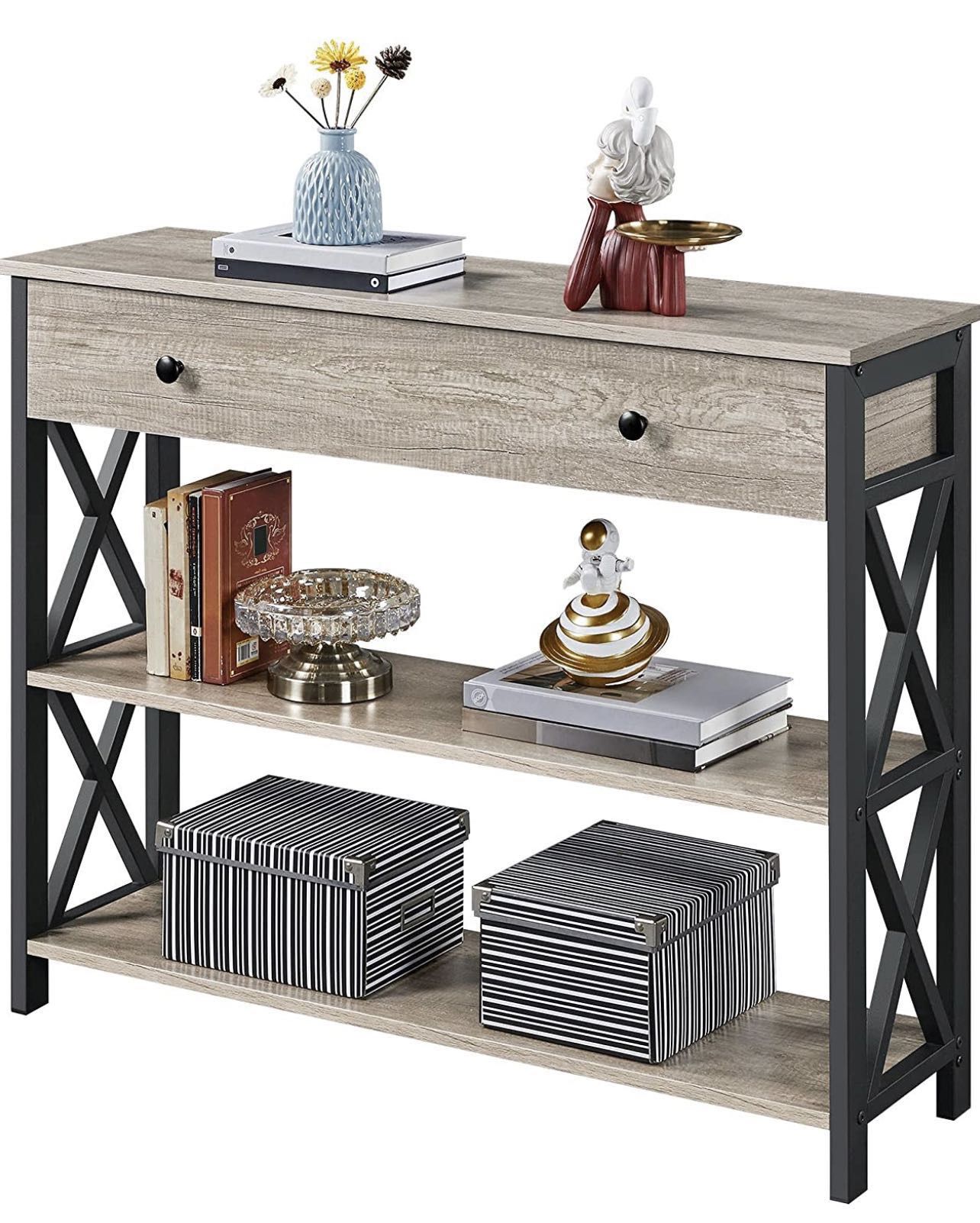  Console Table with Drawer for Entryway, Narrow Entry Table for Living Room with Drawer & Open Storage, Industrial Wood Hallway Sofa Table with Stable