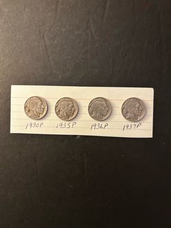 Coins – Buffalo nickels – 1930P and 1935P and 1936P and 1937P – very nice Coins – Total 4 Coins