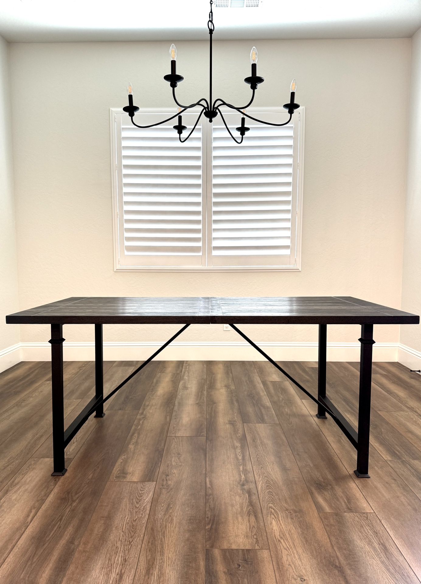 Pottery Barn Modern Farmhouse solid wood top dining table with metal legs. 