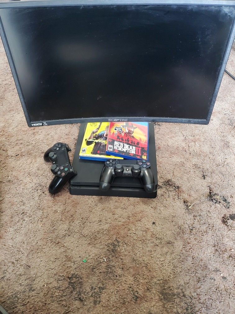 Ps4 Cleaned W/2 Controllers An'2 Games And A 24"/ Curved Monitor