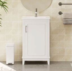 NEW White 20 Inch Modern Small Bathroom Vanity Cabinet With Ceramic Sink, Ample Storage, 1 Soft-Close Door