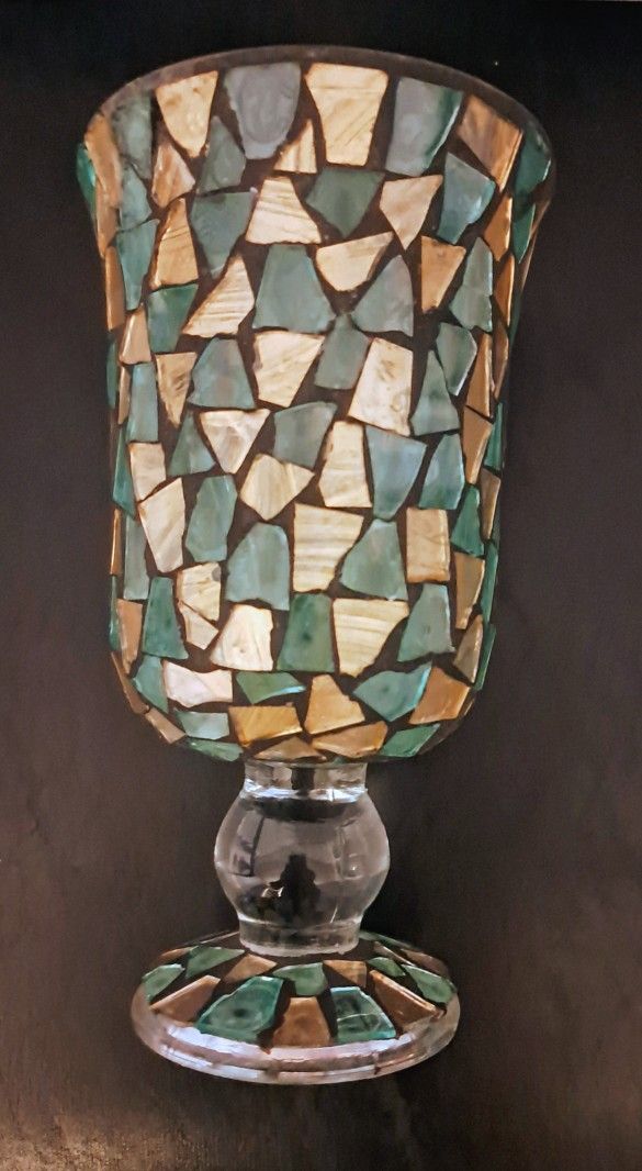 Aqua Blue Green Gold MOSAIC Hurricane VASE Home Interior Candle Holder