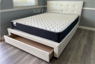 Queen white euro platform bed with ortho mattress included