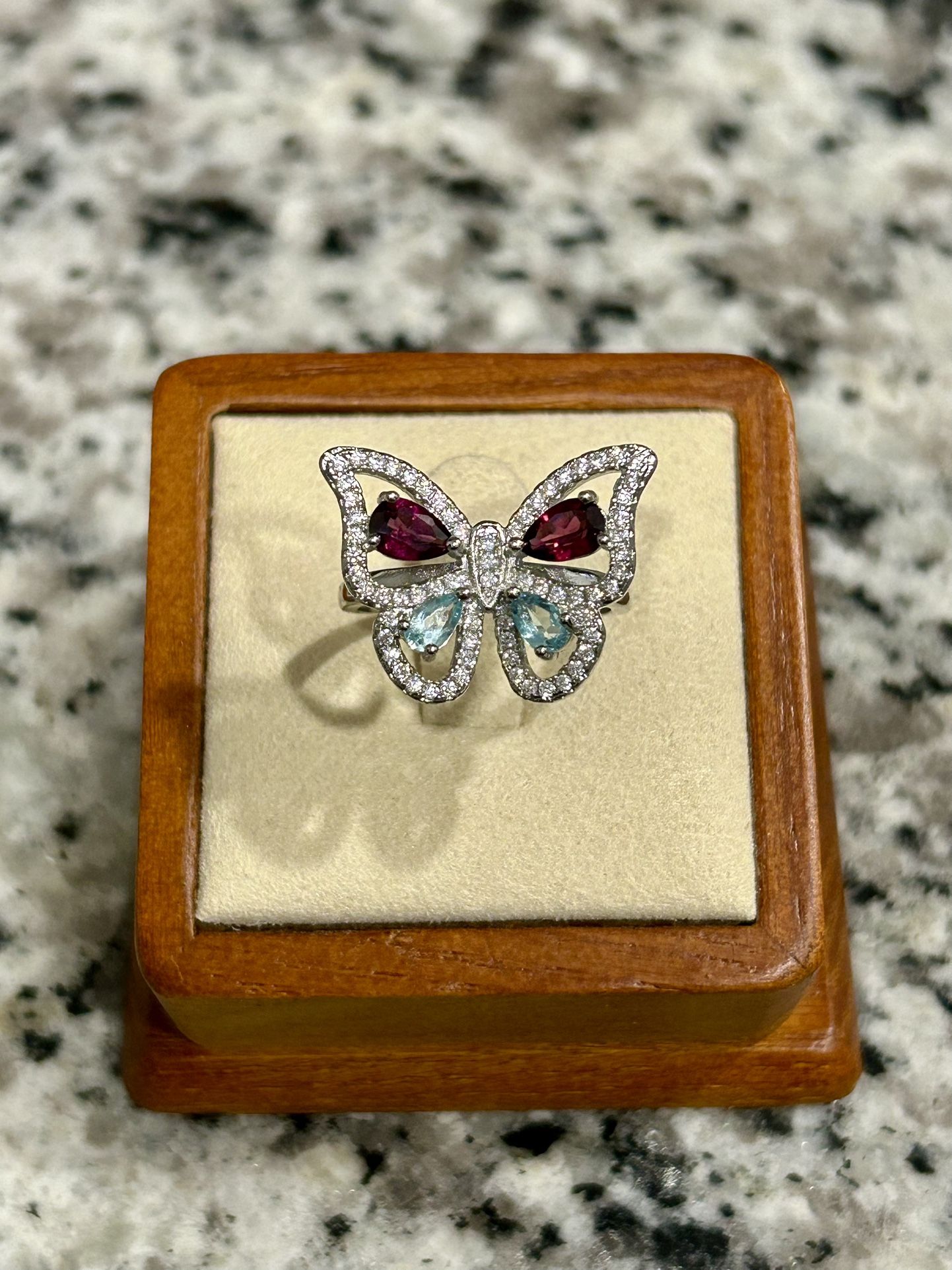 New Natural Genuine Garnet And Blue Topaz Butterfly ring
