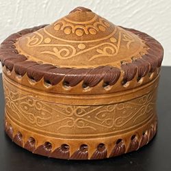 Brown Leather Covered Velvet Lined Trinket Box