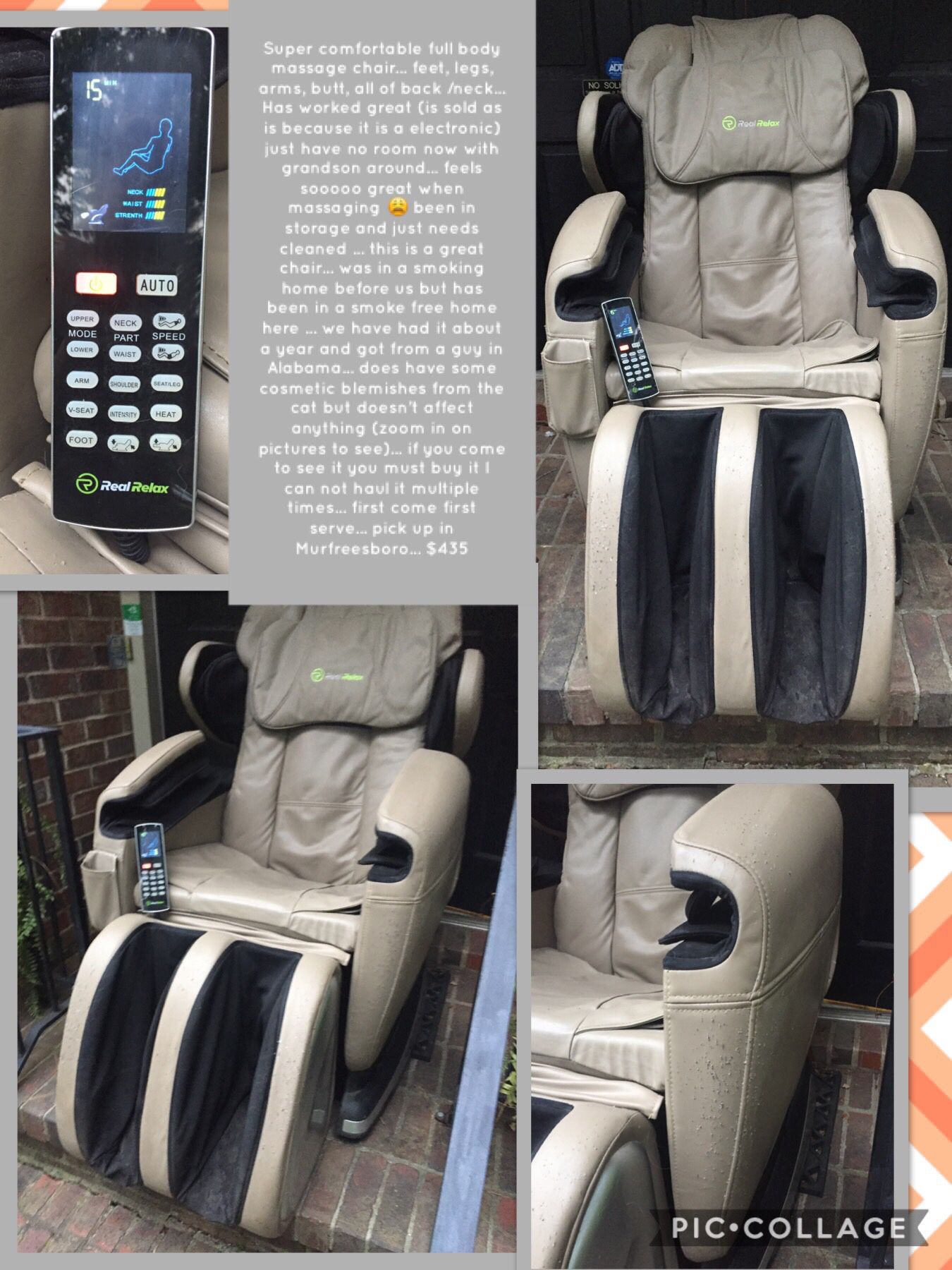 Super comfortable full body massage chair... feet, legs, arms, butt, all of back /neck... Has worked great (is sold as is because it is a electronic)