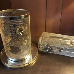 Vintage Brass Metal Tissue Holder Etc Set Of 3