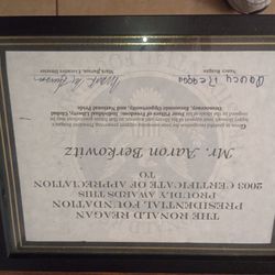 Award Signed By Nancy Reagan