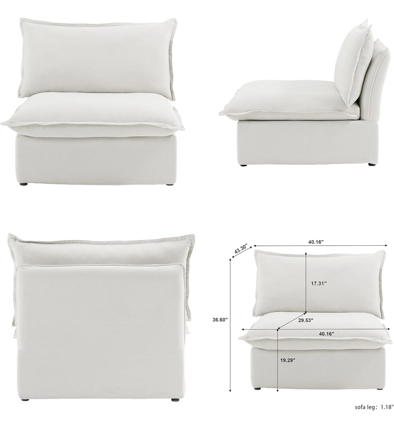 40" Linen Modular Sectional Sofa Cloud Couch for Living Room, White 