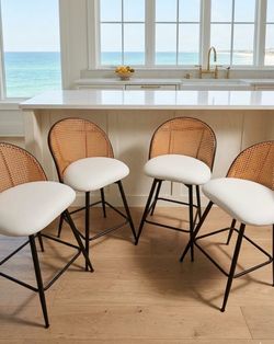 Set of 4 Rattan Swivel Counter Height White PU Leather Bar Stools – 26” Modern Upholstered Chairs