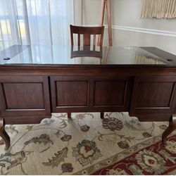 Elegant Solid Executive Desk with Glass Top & Matching Chair