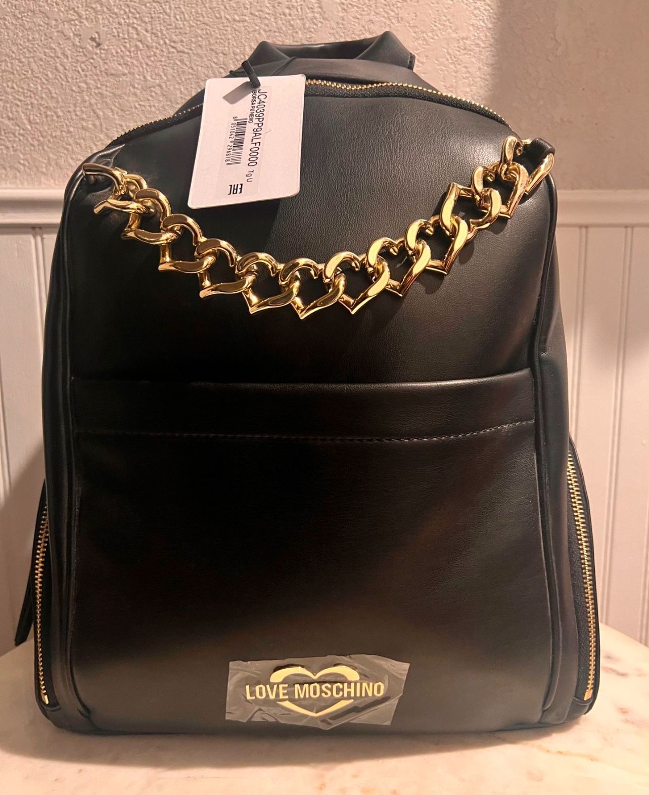 Love Moschino Black Backpack w/ Gold Heart Chain Borsa Pu Nero