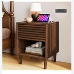 Mid Century Modern Nightstand, 19" W Fluted Night Stand Drawer, Wood Bedside Table with Storage Cube for Bedroom, Brown, 1pc
