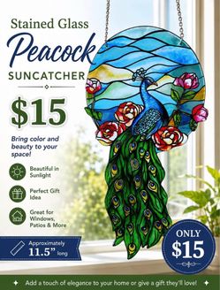11.5” Stained Glass Peacock Suncatcher