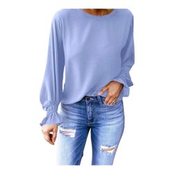 Women’s Purple Blue Boat Neck Shirt Casual Ruffle Sleeve Size L