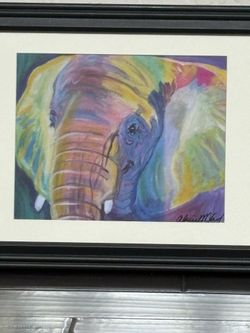 Pachyderm Elephant framed  painting colorful  12x15 signed