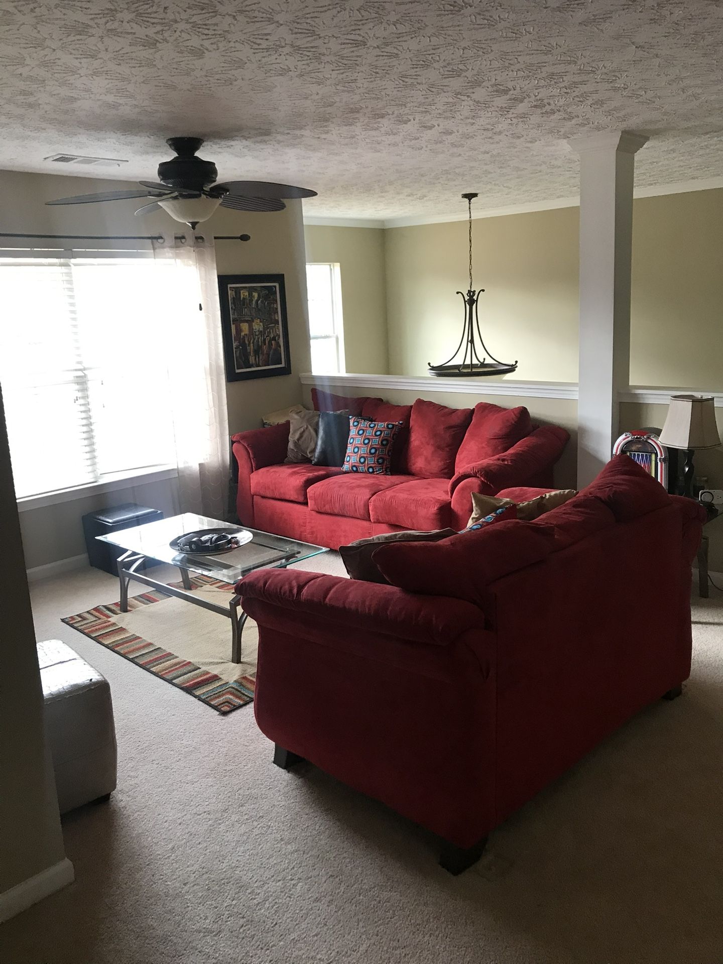 COMPLETE LIVING ROOM SET! Includes RED Microsuede Sofa AND Loveseat, 5x 7 Area Rug, Mosaic Lamp, Accessories,