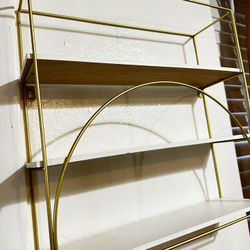 Floating 3 Tier Wall Shelf, White Wood Shelf, Metal is Gold Finished