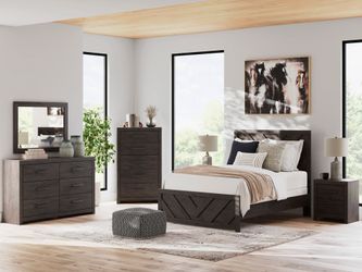Prendonea Charcoal Twin Panel Bed, Dresser, Mirror, Chest and Nightstand (Online Special Price)