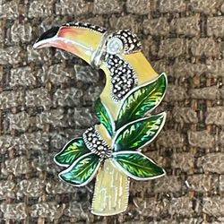 Vintage Hand Crafted  Sterling Toucan  Marcasite Enamel Brooch Signed TH 