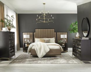 4PC QUEEN BEDROOM SET: QUEEN BED FRAME, DRESSER, MIRROR, NIGHTSTAND--AMERICANO