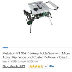 Metabo HPT 10-in 15-Amp Table Saw with Micro Adjust Rip Fence and Caster Platform - 10 inch