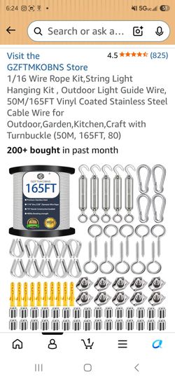 1/16 Wire Rope Kit, String Light

Hanging Kit, Outdoor Light Guide Wire, 50M/165FT Vinyl Coated Stainless Steel Cable Wire for

Outdoor, Garden, Kitch