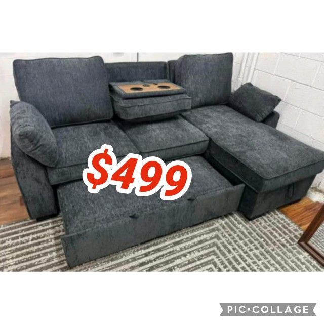 91"W Dark Gray Chenille Fabric Reversible Sleeper Sectional with Storage Chaise, Drop-Down Table, Cup Holders and Charging Ports 91"W X 59"D X 36.5"H