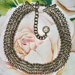 Vintage GIVENCHY Silver Chainmail Statement Choker Necklace - Stamped/Logo 1980s