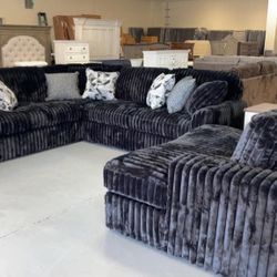 Almost Black Corduroy Fluffy Oversized Sectional Couch 
