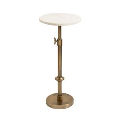 Kate and Laurel Engles Traditional Adjustable-Height Pedestal Drink Table, 10 x 10 x 30, White Marble and Antique Brass, Vintage Round Indoor Metal Pl