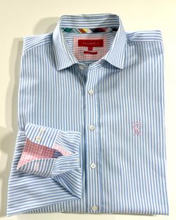 VICOMTE Men's Shirt Blue/White Slim Fit Cotton Long Sleeve Made in France Size L (50)