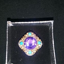 14 kt gold white coral amethyst and turquoise ring