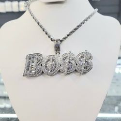 Set Necklace , Chain Stainless Steel / Pendant Silver Plated With Baguette & CZ 