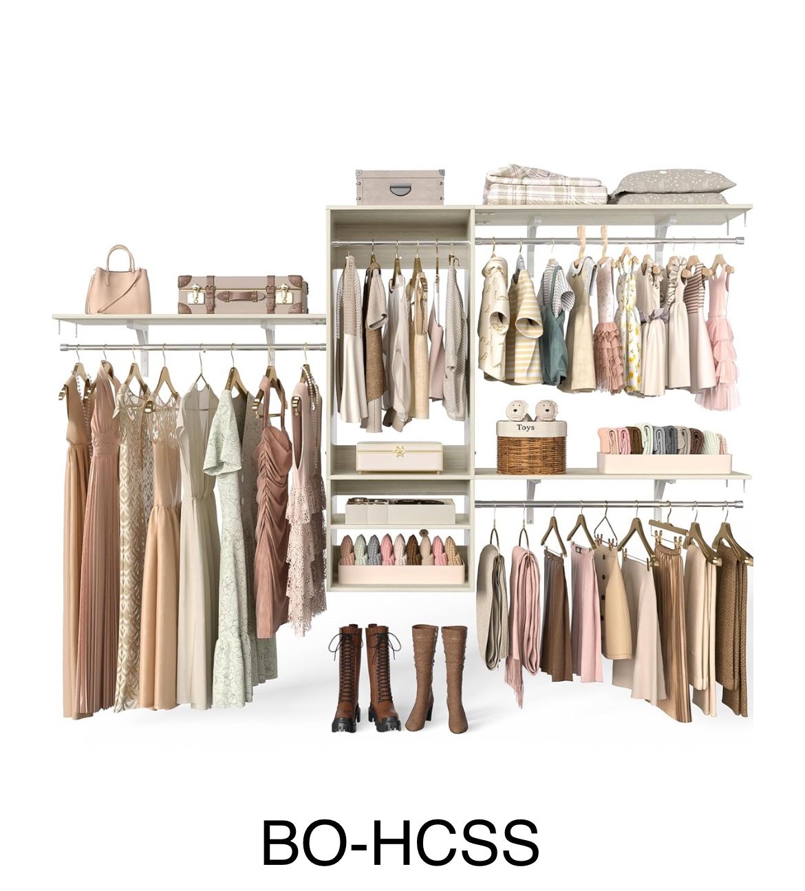 96 Inch Hanging Closet System, 8 FT Closet Organizer System with Hanging Rod, Walk In Mounted Closet System, Built-In Clothes Garment Rack with 3 Shel