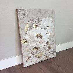 32x24 Large Floral White/Taupe/Gold Canvas Wall Art- Cavas Wall Decor